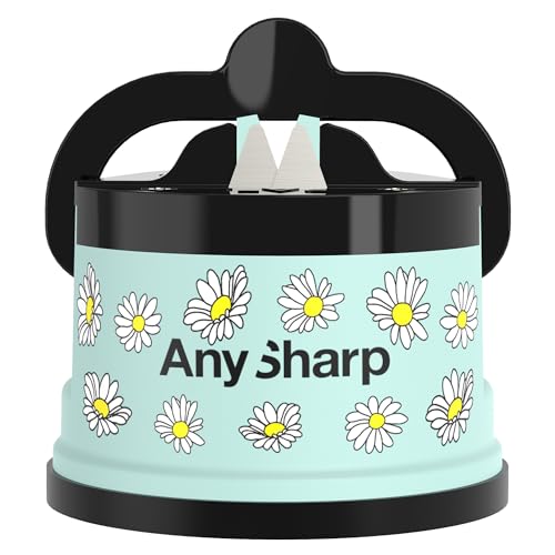 AnySharp Messerschärfer, Freihändige Sicherheit, PowerGrip Saugnapf, Sicheres Schärfen aller Küchenmesser, Ideal für gehärteten Stahl & Wellenschliff, Weltbeste Qualität, Blaue Gänseblümchen von AnySharp
