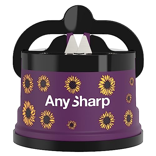 AnySharp Messerschärfer, Freihändige Sicherheit, PowerGrip Saugnapf, Sicheres Schärfen aller Küchenmesser, Ideal für gehärteten Stahl & Wellenschliff, Weltbeste Qualität, Violette Sonnenblumen von AnySharp