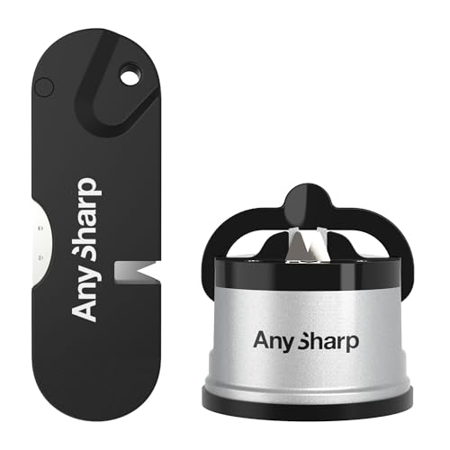 AnySharp - Messerschärfer Bundle | Für Küche und Outdoor | Freihändige Bedienung, PowerGrip-Saugnapf | Taktischer Messerschärfer mit Feuerstarterstab, Silber, Acrylnitril-Butadien-Styrol von AnySharp