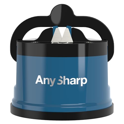 AnySharp Messerschärfer, Freihändige Sicherheit, PowerGrip Saugnapf, Sicheres Schärfen aller Küchenmesser, Ideal für gehärteten Stahl & Wellenschliff, Weltbeste Qualität, Kompakt, Blau von AnySharp