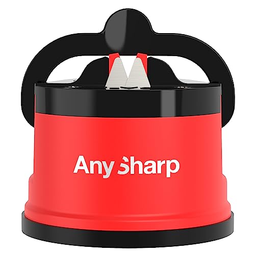 AnySharp Messerschärfer | Freihändige Sicherheit, PowerGrip Saugnapf | Sicheres Schärfen aller Küchenmesser | Ideal für gehärteten Stahl & Wellenschliff | Weltbeste Qualität | Kompakt | Rot von AnySharp