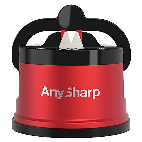 AnySharp Pro Metall Messerschärfer, Freihändige Sicherheit, PowerGrip Saugnapf, Schärft alle Küchenmesser, Ideal für gehärteten Stahl & Wellenschliff, Weltbeste Qualität, Rot-Metall von AnySharp