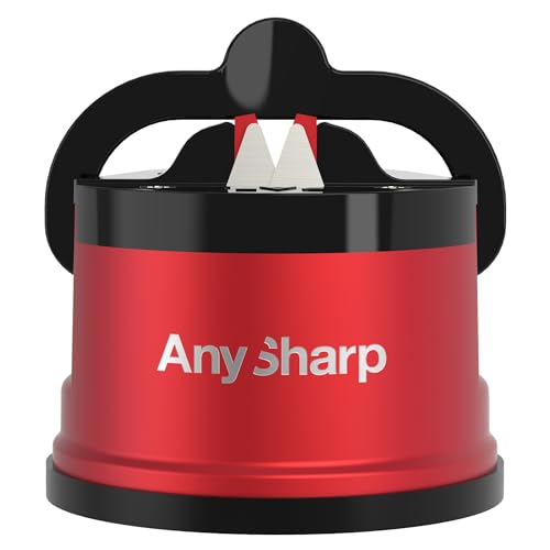 AnySharp Pro Metall Messerschärfer, Freihändige Sicherheit, PowerGrip Saugnapf, Schärft alle Küchenmesser, Ideal für gehärteten Stahl & Wellenschliff, Weltbeste Qualität, Rot-Metall von AnySharp