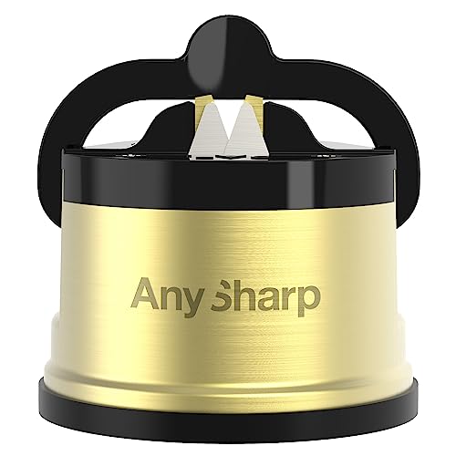 AnySharp Pro Metall Messerschärfer, Freihändige Sicherheit, PowerGrip Saugnapf, Schärft alle Küchenmesser, Ideal für gehärteten Stahl & Wellenschliff, Weltbeste Qualität, Messing-Metall von AnySharp
