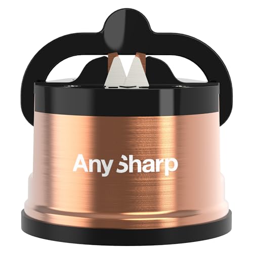 AnySharp Pro Metall Messerschärfer, Freihändige Sicherheit, PowerGrip Saugnapf, Schärft alle Küchenmesser, Ideal für gehärteten Stahl & Wellenschliff, Weltbeste Qualität, Kupfer-Metall von AnySharp