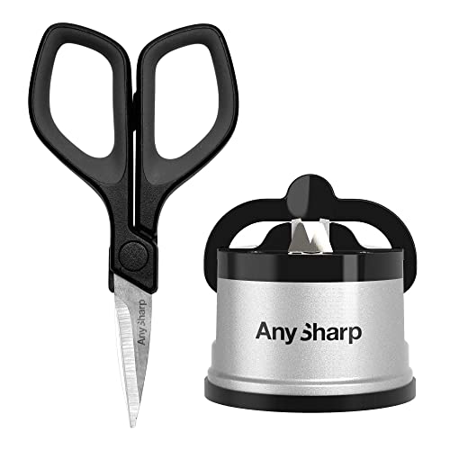 AnySharp - Messerschärfgerät & Mini-Schere Bundle | Sicher & Freihändig Schärfen | Hochwertige Stahlschere | Platzsparendes Design, Silber, Acrylnitril-Butadien-Styrol von AnySharp