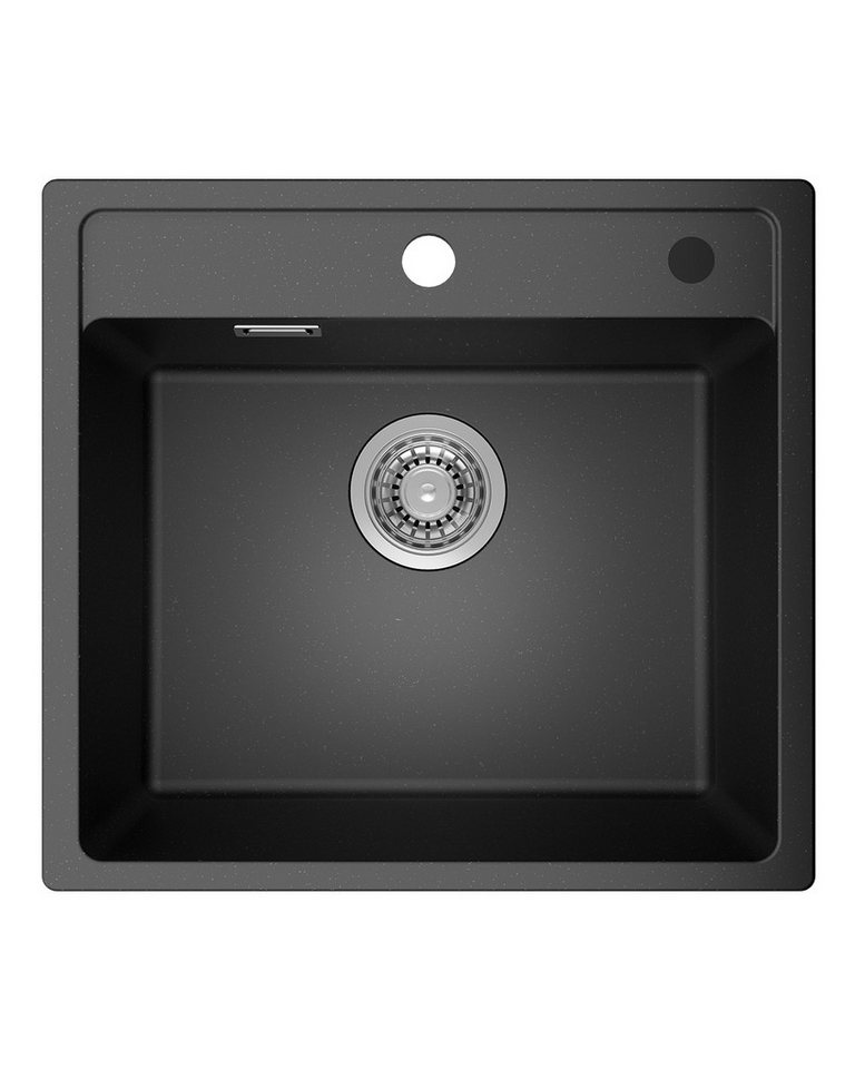 Anycee max Granitspüle Küchenspüle Granit Spüle 50x46 cm Spülbecken Einbauspüle Schwarz, mit Siphon Ab- und Überlaufgarnitur von Anycee max