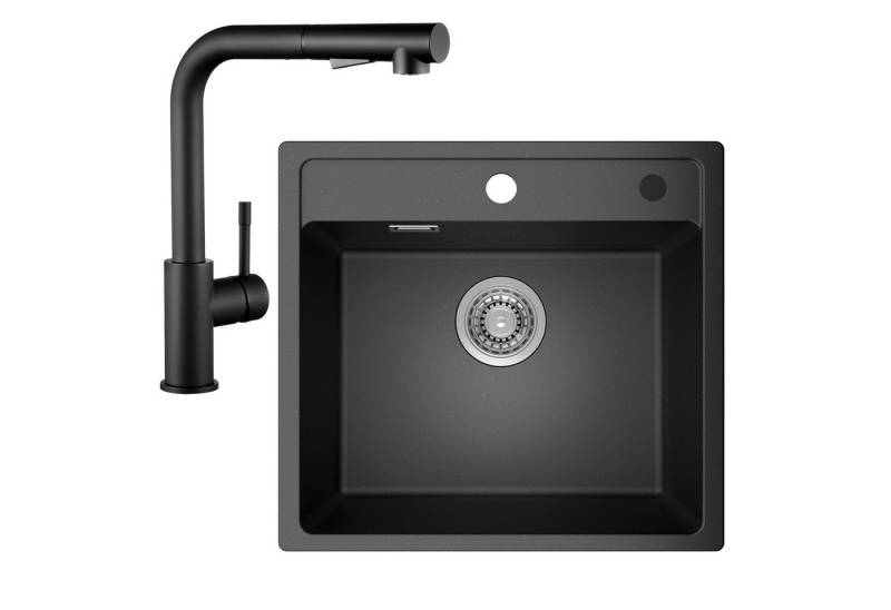 Anycee max Granitspüle Schwarz, 50 x 46 cm mit Küchenarmatur und Abtropffläche Einbauspüle, Komplett-Set, Eckig Spülbecken Granit Spüle + Ausziehbar Wasserhahn von Anycee max