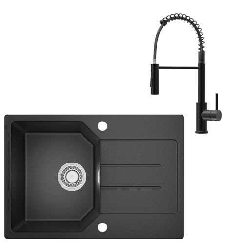 ANYCEE 65x45 cm Spülbecken Granit mit Armatur, Granitspüle Schwarz mit Abtropffläche für ab 40er Unterschrank, Küchenspüle inkl 80% Quarzsand,Siphon & Über von Anycee