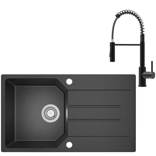 ANYCEE 78x45 cm Granitspüle mit Armatur, Spüle Schwarz mit Abtropffläche für ab 45er Unterschrank, Spülbecken Granit Schwarz inkl 80% Quarzsand, Siphon & Über von Anycee