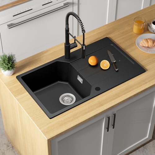 ANYCEE 78x45 cm Spüle Schwarz mit Abtropffläche, Spülbecken Granit Schwarz für ab 45er Unterschrank, Küchenspüle Granit mit 80% Quarzsand, Küchenwaschbecken inkl Siphon & Über von Anycee
