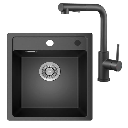 ANYCEE Spülbecken Schwarz 40x46 cm, 80% Quarzsand Einbauspüle mit Wasserhahn Küche, Granitspüle inkl. Siphon & Armatur, für Unterschränke ab 40 cm von Anycee