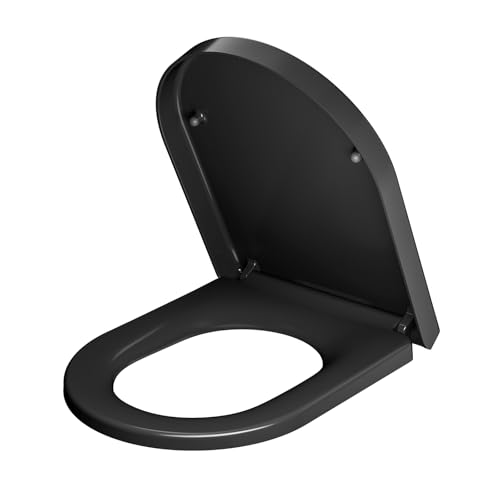 ANYCEE Toilettendeckel mit Absenkautomatik, Langformat D WC Sitz mit Quick-Release Funktion, Einfach Reinigung, Toilettensitz mit Verstellbaren Scharnieren, Kunststoffversion, Schwarz von Anycee