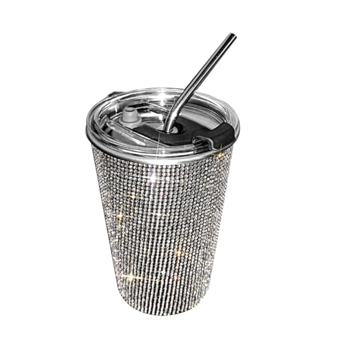 Anyhot 560ML Bling Edelstahl Thermobecher, Glitzer Auto Trinkbecher mit Strohhalm und Decekl Strass Kaffeebecher Kaffee to go Isolierbecher Auslaufsicherer Thermobecher für Kaffee und Tee Unterwegs von Anyhot