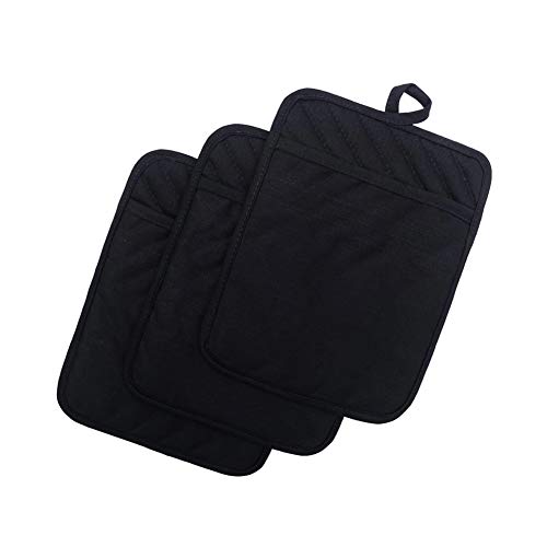 Anyi Topflappen für die Küche, hitzebeständig, Baumwolle, heiße Pads für Küchentheke, Tisch, schwarze Küchen-Topflappen mit Tasche von Anyi