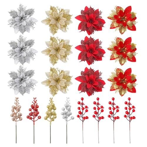 20 Stück Weihnachten Blumen Glitzer Künstliche Weihnachtsstern,Künstliche Blumen zu Weihnachten,Weihnachtsstern Künstlich Deko Blumen, Glitter Weihnachtsbaum Dekoration mit Rote Beerenstiele von Anyingkai