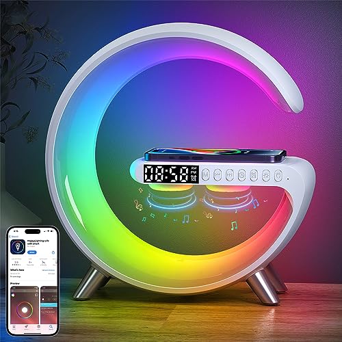 Anyingkai Nachttischlampe mit Uhr und Ladestation,Tischlampe mit Bluetooth Lautsprecher,Led Nachttischlampe mit Ladefunktion,Wireless Charger Atmosphere Lamp,Nachttischlampe Smart von Anyingkai