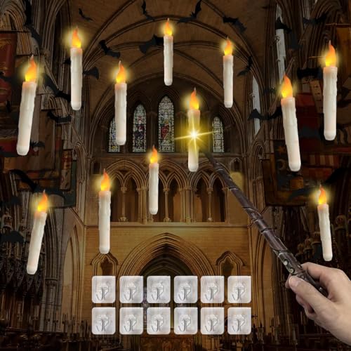 Flammenlose LED Kerze mit Zauberstab Fernbedienung,12 Stück Schwebende Kerzen,Fliegende Kerzen,Flammenlose LED Stabkerzen,Schwebende Hängende Fensterkerzen für Halloween-Weihnachtsdekorationen von Anyingkai