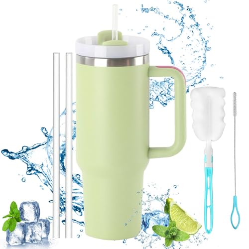 Thermobecher mit Strohhalm und Henkel 1200ml,Doppelwandiger Edelstahl Vakuum Isolierbecher 40oz,Tragbare Autobecher,Becher Tumbler,Isolierbecher mit strohhalm,Thermobecher mit griff (Gelbgrün) von Anyingkai