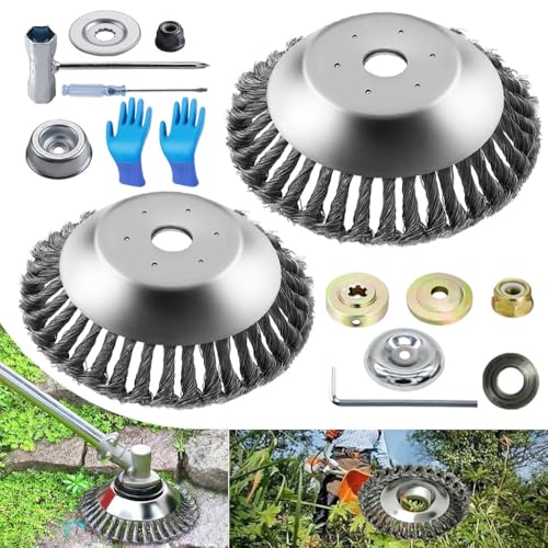 2 Stücke Unkrautbürste für Rasentrimmer,Profi Unkrautbürste für Freischneider Wildkrautbürste für Motorsense,Drahtbürste für Freischneider Inkl Installationszubehör,mit 20-25,4mm Konverter(6+8 Zoll) von Anyingkai