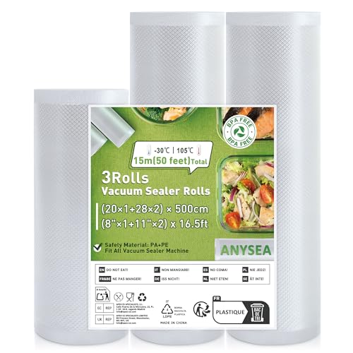 Anysea Vakuumierbeutel Vakuumierfolie 3 Rollen：20x1/28x2/x500 cm Vakuumbeutel Lebensmittel, Einschweißfolie für Vakuumierer, Folienrollen BPA Frei, Profi-Vakuumbeutel für den Haushalt von Anysea