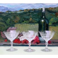 Sechs Fostoria Crystal Champagnergläser, Chintz Pattern Etch von AnythingDiscovered