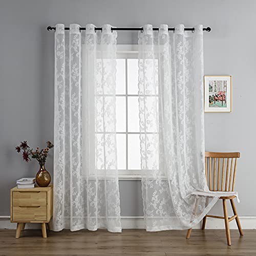 Anytime Weiße Spitze transparente Vorhänge für Wohnzimmer, elegante Fensterbehandlungssets, lichtfilternde, durchscheinende Vorhänge für Büro (2 Paneele, B 139 x L 23 cm) von Anytime