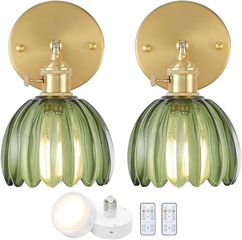 2 Stück Vintage Wandleuchte Dimmbar mit Schalter, Innen Verstellbar Wandlampe mit Fernbedienung, E27 Retro Gold Metall Wand Nachttischlampe mit Grün Glas Lampenschirm für Schlafzimmer Wohnzimmer Flur von AoLa
