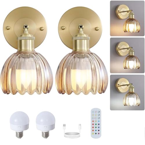 AoLa Akku Wandleuchte Gold E27 Vintage Wandlampe mit Schalter, lnnen Verstellbar Kabellos Wandleuchten Dimmbar RGB mit Fernbedienung, USB Aufladbare Grün Glas Wandbeleuchtung mit Timer 2 Stück,B von AoLa