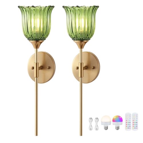 AoLa Gold Wandleuchte E27 Akku, Retro Kabellos Wandlampe RGB Dimmbar mit Fernbedienung Ohne Stromanschluss Wandleuchten lnnen USB Aufladbare Grün Glas Wandbeleuchtung, 2 Stück von AoLa