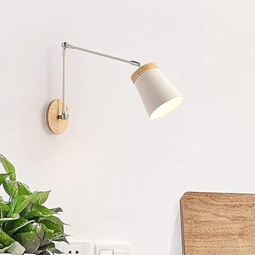 AoLa Holz Wandlampe Innen Verstellbarer Wandleuchte Moderne E27 Schwenkarm Nachttischlampe Weiß Doppel Langarm Eisenkunst Lampenschirm für Restaurant Wohnzimmer Schlafzimmer von AoLa