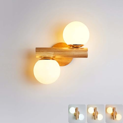 AoLa Holz Wandleuchte LED Innen Wandlampe Up Down Beleuchtung Vintage Retro Lampe 360° Drehbar 2 Flammige Kugel Glas Lampenschirm Nachttischlampe 2 x E27 bis max. 60W Nachtlicht AoLa Holz Wandleuchte LED Innen Wandlampe Up Down Beleuchtung Vintage Retro Lampe 360° Drehbar 2 Flammige Kugel Glas Lampenschirm Nachttischlampe 2 x E27 bis max. 60W Nachtlicht von AoLa