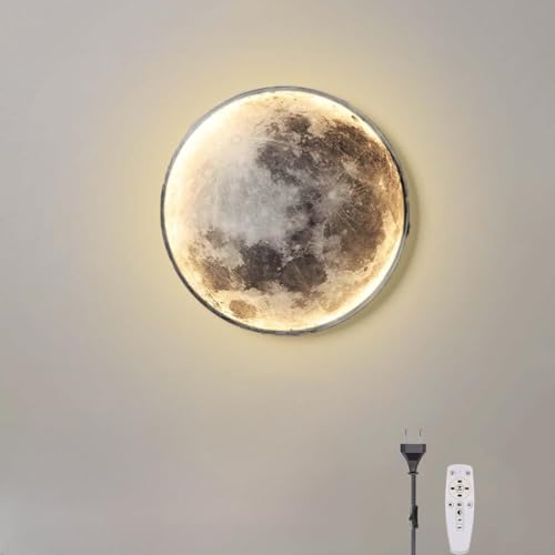 AoLa Innen LED Mond Wandleuchte mit Stecker und Kabel Schalter Dimmbar Rund Wandlampe Mit Fernbedienung Modern Schlafzimmer Dekorative Wohnzimmerlampe Mond Nachtlicht Kinder Deko Wand Lampe Bett,50CM von AoLa