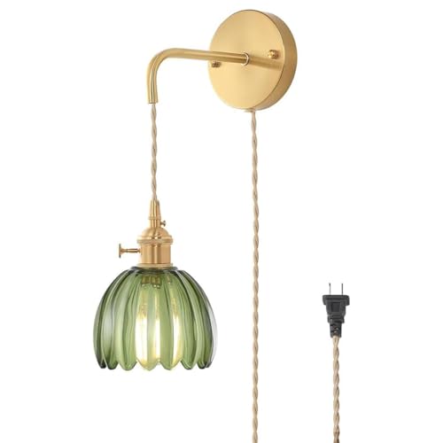 AoLa Kristall Wandleuchte mit Schalter und Stecker, E27 Gold Wandlampe Vintage Metall und Glas Lampenschirm Wand Nachttischlampe mit Kabel Retro Blume Wandlicht für Schlafzimmer Wohnzimmer,Grün von AoLa
