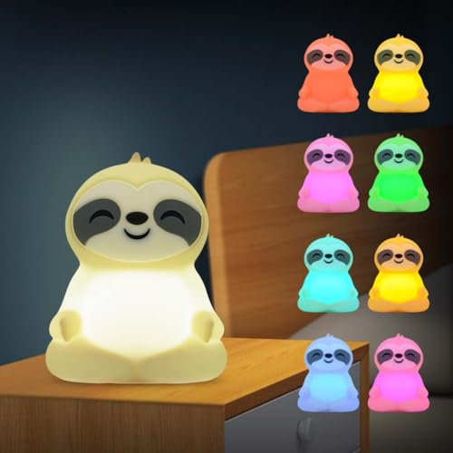 AoLa LED Nachtlicht Kinder, 9 Farben RGB Nachtlampe mit Fernbedienung Touch Dimmbar Nachttischlampe aus Silikon, tragbar Akku Faultier Nachtleuchte mit Timing, für Babyzimmer Kinderzimmer Stilllicht von AoLa
