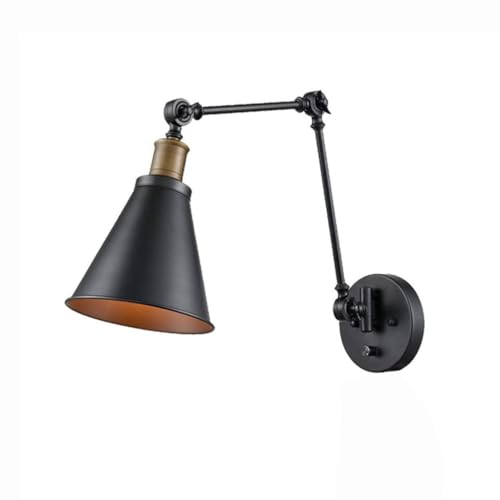 AoLa Retro Wandlampe mit Schalter Wandleuchte mit Verstellbare Schwenkarm E27 Vintage Lampe Innen Schwarze Metall Kegelschirm Nachttisch Leselampe für Schlafzimmer Wohnzimmer Flur Beleuchtung Art Deco von AoLa