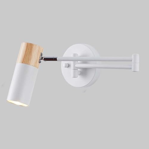 AoLa Schwenkarm Wandleuchte Verstellbare Langer Arm E27 Holz Wandlampe Innen 350°Drehung Moderne Nachttischlampe Wand Leselampe Für Schlafzimmer Wohnzimmer Kinderzimmer(Mit Leuchtmittel) Weiß von AoLa