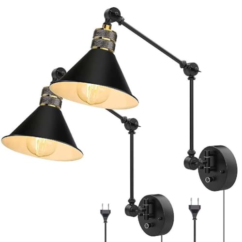 AoLa Schwenkarm Wandleuchten Dimmbar mit Schalter, Innen Vintage Wandlampe mit Stecker und Kabel E27 Verstellbare Lange Arm Nachttischlampe Retro Industrial Schwarz Kegel Lampenschirm Leselampe,2pack von AoLa