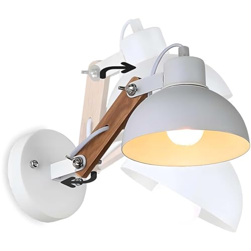 AoLa Verstellbare Wandlampe Holz Retro, Schwenkarm Wandleuchte Innen Vintage Industrial Wand Leselampe Rustikaler E27 1 Flammige Nachttischlampe aus Metall, für Schlafzimmer Hotel Wohnzimmer,Weiß von AoLa
