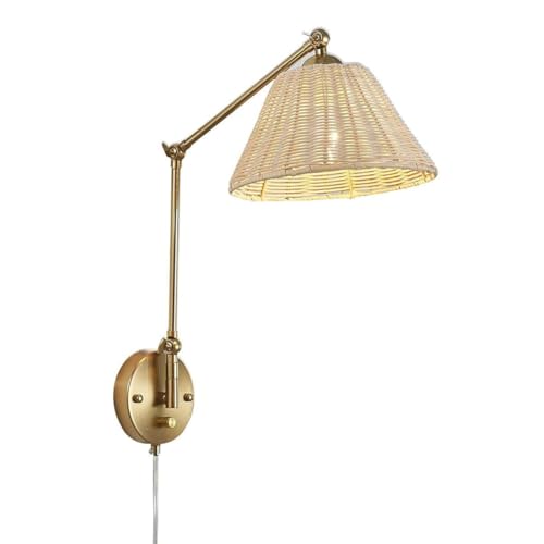 AoLa Vintage Rattan Wandleuchte Verstellbare, Innen E27 Wandlampe Dimmbar mit Schalter Gold Schwenkarm Wandleuchten mit Kabel und Stecker Retro Industrial Wand Leselampe für Schlafzimmer Büro,1 Stück von AoLa