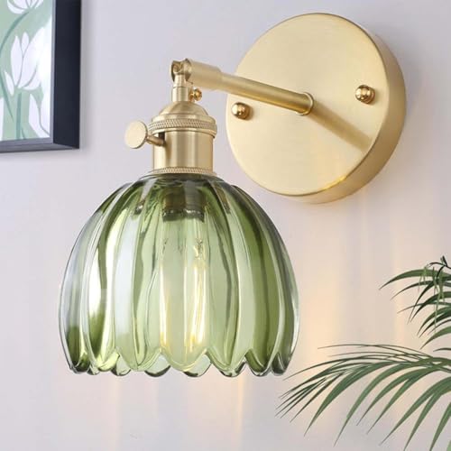AoLa Vintage Wandleuchte E27 Gold Retro Lampe Wandlampe Einstellbar Metall Lampen-Köpfe Grün Blume Design Glas Lampenschirm Nachttischlampe für Café Restaurant Wohnzimmer Schlafzimmer von AoLa