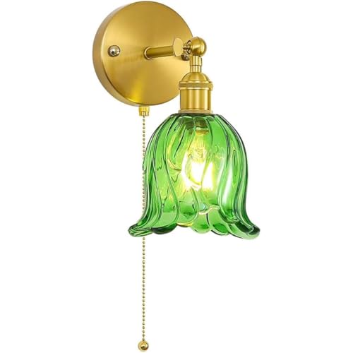 AoLa Vintage Wandleuchte mit Schalter Innen Gold Wandlampe Verstellbar 180° Kristall Wandleuchten Florenz Dekoration Blumen Nachttischlampe mit Grünes Glasschirm Schwenkarm Wandbeleuchtung Leselampe von AoLa