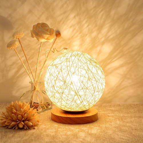 Holz Tischleuchte mit Touch Dimmbar Tischlampe Kugel Akku Kabellos Nachtlicht LED Boho Handgewebt Kugel Rattan Schreibtischlampe USB Aufladbar Nachttischlampe Kinderzimmer Deko Lampe von AoLa