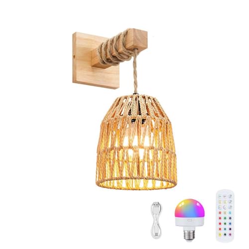 Rattan Wandleuchte Dimmbar mit Fernbedienung Wandlampe Vintage Akku Kabellose Wandbeleuchtung lnnen RGB Farbwechsel USB Aufladbarkeit Hanfseil Nachttischlampe Retro Bambus Rattan Nachtlicht,1 Stück von AoLa