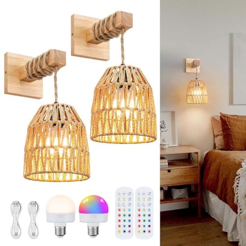 Rattan Wandleuchte Dimmbar mit Fernbedienung Wandlampe Vintage Akku Kabellose Wandbeleuchtung lnnen RGB Farbwechsel USB Aufladbarkeit Hanfseil Nachttischlampe Retro Bambus Rattan Nachtlicht,2 Stück Rattan Wandleuchte Dimmbar mit Fernbedienung Wandlampe Vintage Akku Kabellose Wandbeleuchtung lnnen RGB Farbwechsel USB Aufladbarkeit Hanfseil Nachttischlampe Retro Bambus Rattan Nachtlicht,2 Stück von AoLa