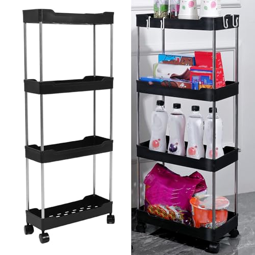 Aoaoy Slim Rolling Storage Cart, Slim Storage Cart 4 Tier Bad Organizer Mobile Regal Utility Tower Rack für Küchenwäsche Schmale Lücken Typ (Schwarz) von Aoaoy