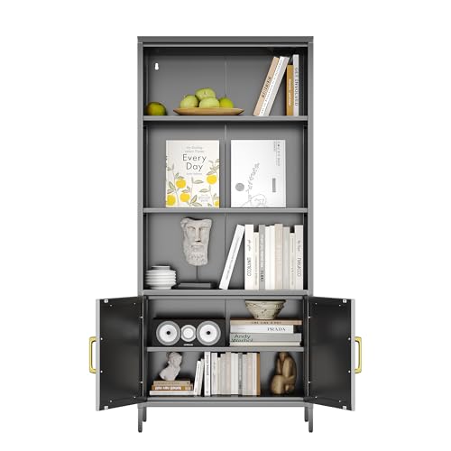 Aobabo 180CM Tall Metal Book Cabinet, 3-Tier Steel Bookcase with 2 Doors, Modern Farmhouse Bookshelf with 2 Adjustable Shelves, Kitchen Pantry Cabinet for Living Room, Black, Assembly Required von Aobabo