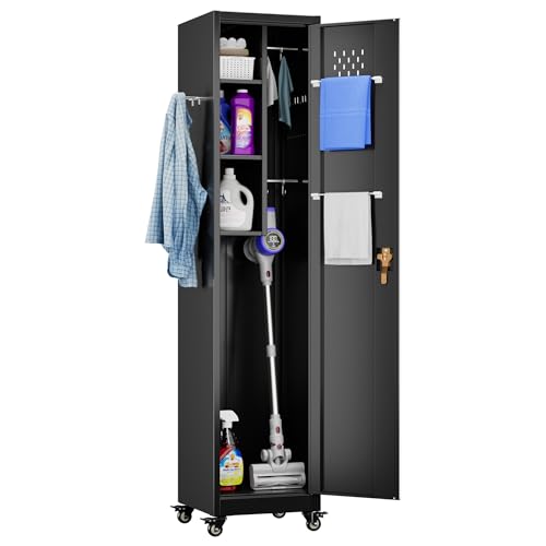 Aobabo 183CM Broom Closet Storage Cabinet with Wheels, Metal Cleaning Tool Janitorial Utility Cabinet Cleaning Supplies with Locking Door Rack Shelf for Broom mops Garage Storage,Black Aobabo 183CM Broom Closet Storage Cabinet with Wheels, Metal Cleaning Tool Janitorial Utility Cabinet Cleaning Supplies with Locking Door Rack Shelf for Broom mops Garage Storage,Black von Aobabo