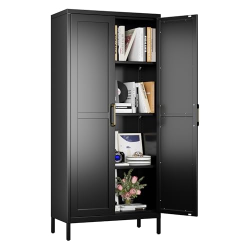 Aobabo Badezimmerlagerschrank mit 2 Türen und 2 verstellbaren Regalen - 90 cm hoch weiß Wohnzimmer Lagerschrank, 3 -stufige hohe Stahlschränke für die Küche (155H, Black) von Aobabo