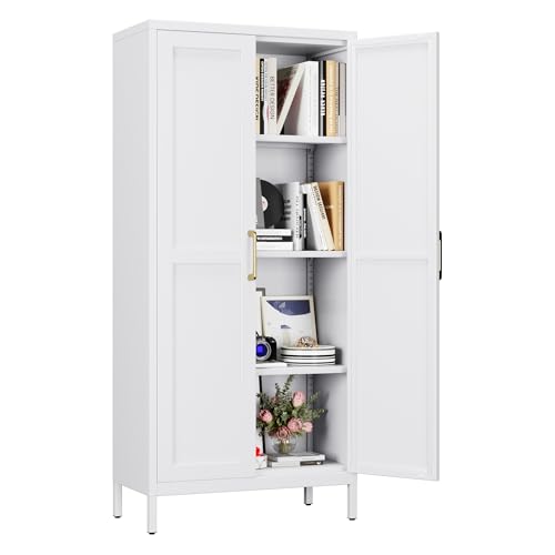 Aobabo Badezimmerlagerschrank mit 2 Türen und 2 verstellbaren Regalen - 90 cm hoch weiß Wohnzimmer Lagerschrank, 3 -stufige hohe Stahlschränke für die Küche (155H, White) von Aobabo